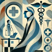 DALL·E 2025-08-26 15.54.23 - An abstract illustration of a middle-aged man at a doctor's office. The man is depicted in a stylized, symbolic way, with simplified human forms and e